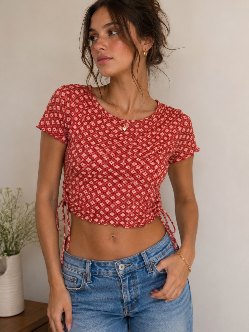 Pink Rose Red Floral Mesh Ruched Tie-Side Crop Top | Size M